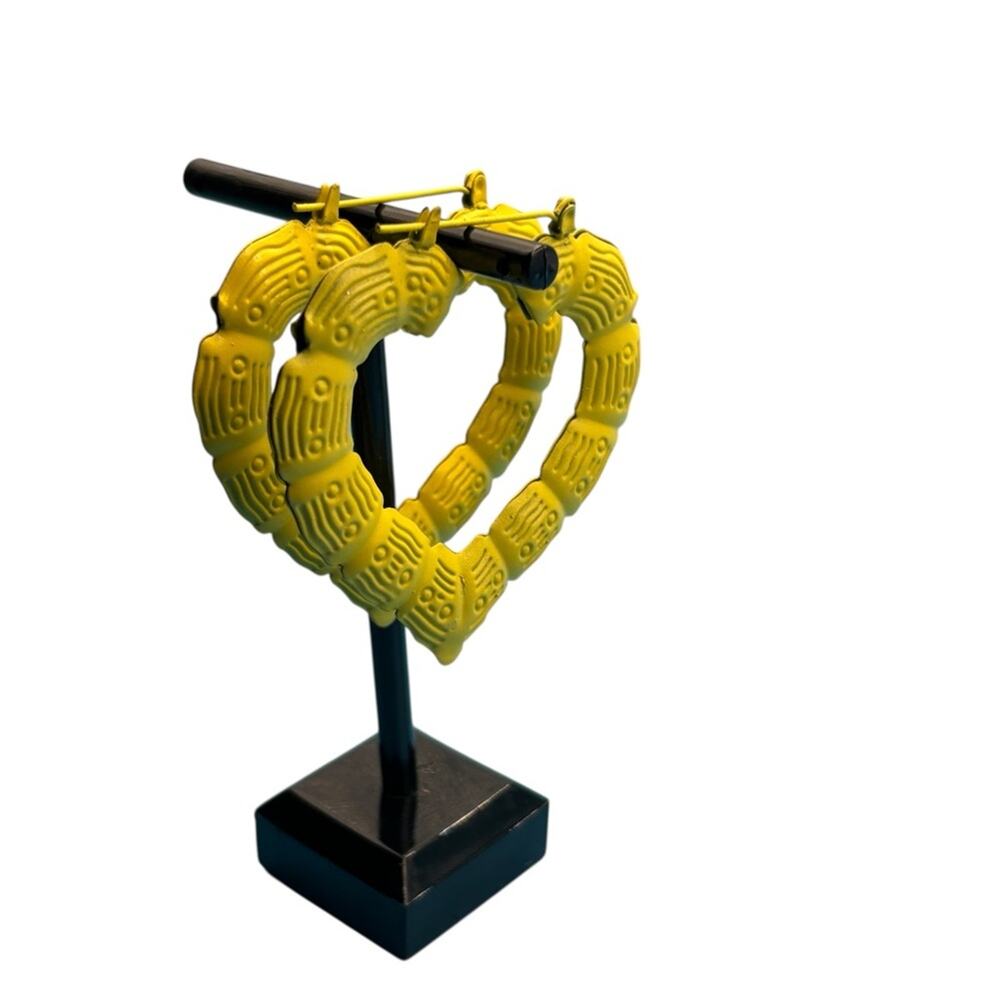 Yellow Large Heart-Shaped Bamboo Hoop Earrings